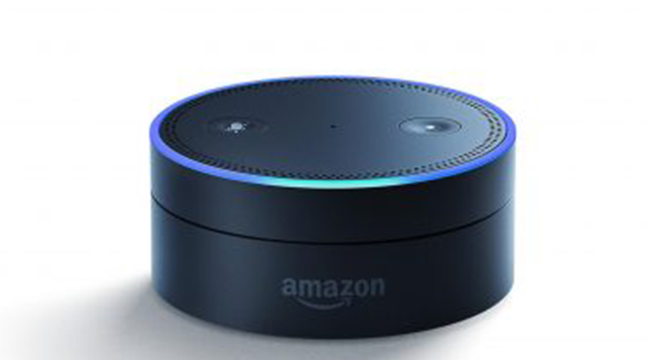 Round black Amazon Echo Dot with a light ring on top, set against a white background.