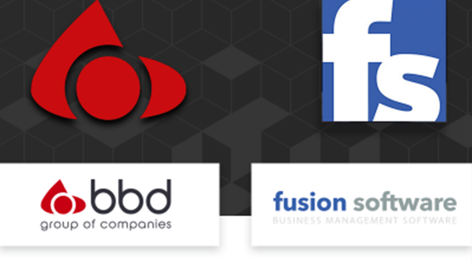 Logos of two companies on a geometric dark background. Left: Red BBD logo above "bbd group of companies." Right: Blue "fs" above "fusion software."