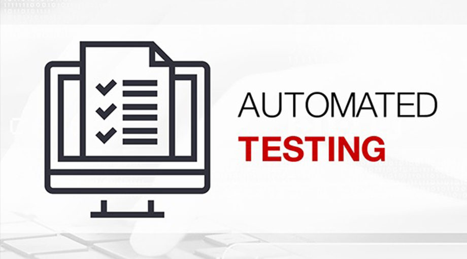 Illustration of a computer monitor displaying a checklist next to the text "Automated Testing" in bold black and red letters on a white background.