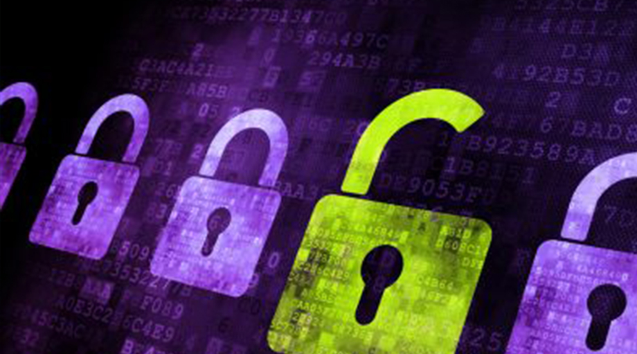Row of padlocks in digital style with binary code background; one bright green lock open among closed purple ones, symbolizing cybersecurity vulnerability.
