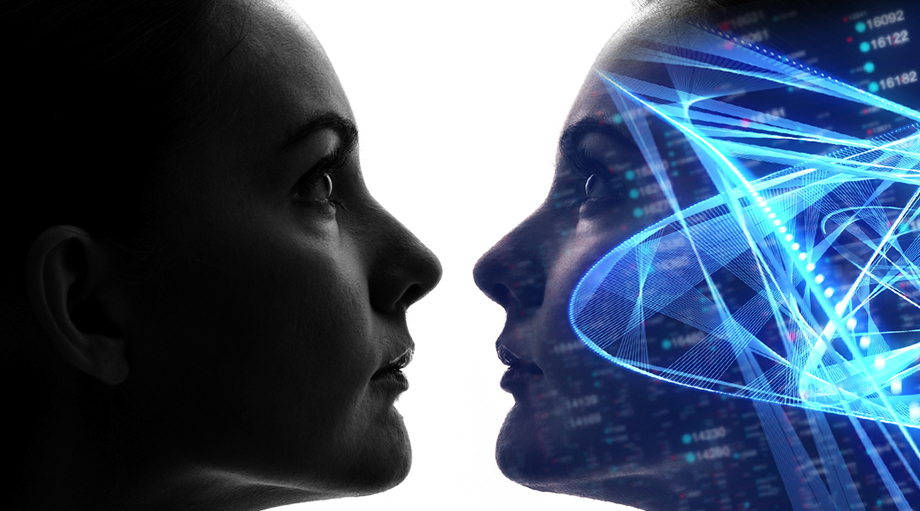 Silhouetted profile of a woman's face on the left, facing a blue digital overlay of her own face on the right, symbolizing technology and identity.