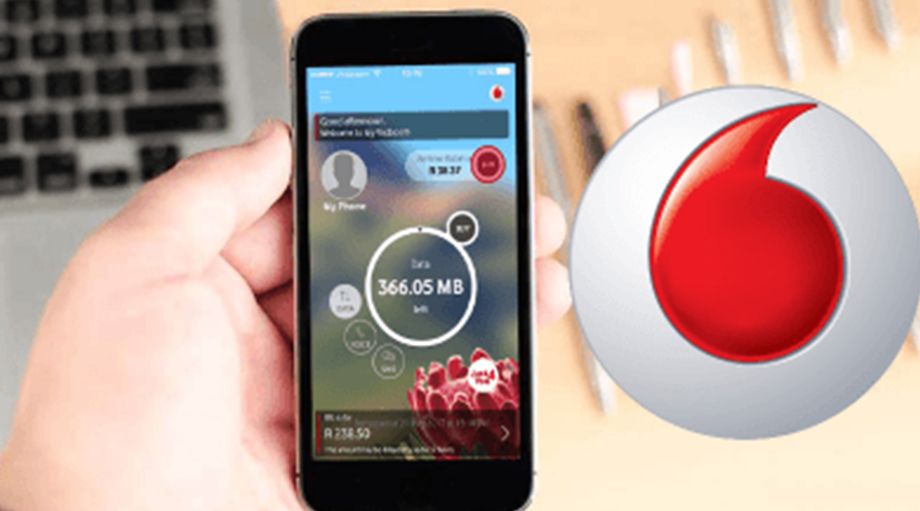 A person holds a smartphone displaying a data usage app with 366.05 MB used. The Vodafone logo is prominently featured beside the phone.