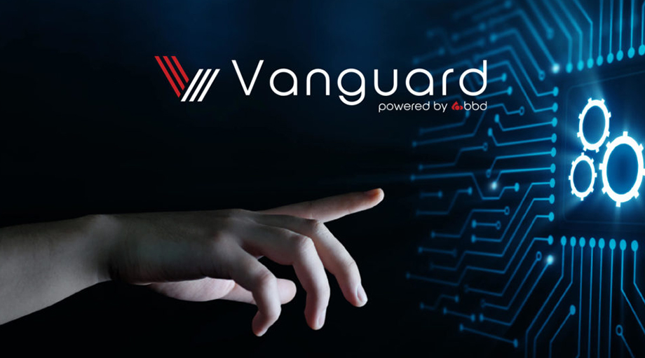 A hand reaching towards glowing blue gears on a circuit board background, next to "Vanguard powered by bbd" logo.