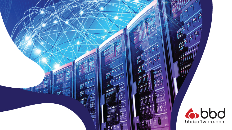 A row of glowing blue and purple server racks with interconnected lines and nodes, symbolizing digital communication, fills the image. Logo in corner.