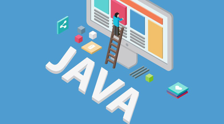 Illustration of a person on a ladder arranging colorful blocks on a large computer screen. The word "JAVA" is prominently displayed in 3D letters below.