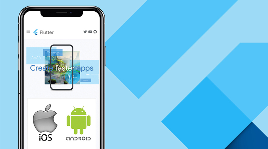 Alt text: "Smartphone displaying Flutter app interface with 'Create faster apps' text. Logos for iOS and Android below. Background features blue geometric patterns."
