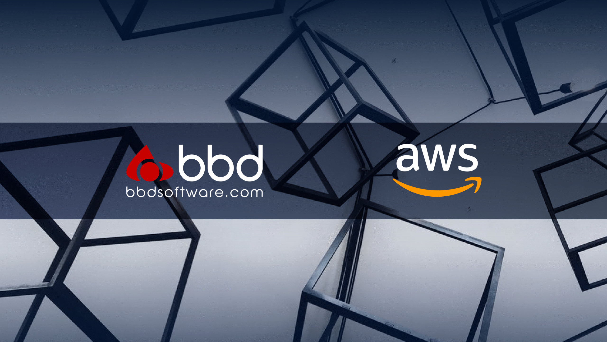 Abstract geometric design with floating wireframe cubes on a blue gradient background. Center features "bbdsoftware.com" and "aws" logos.