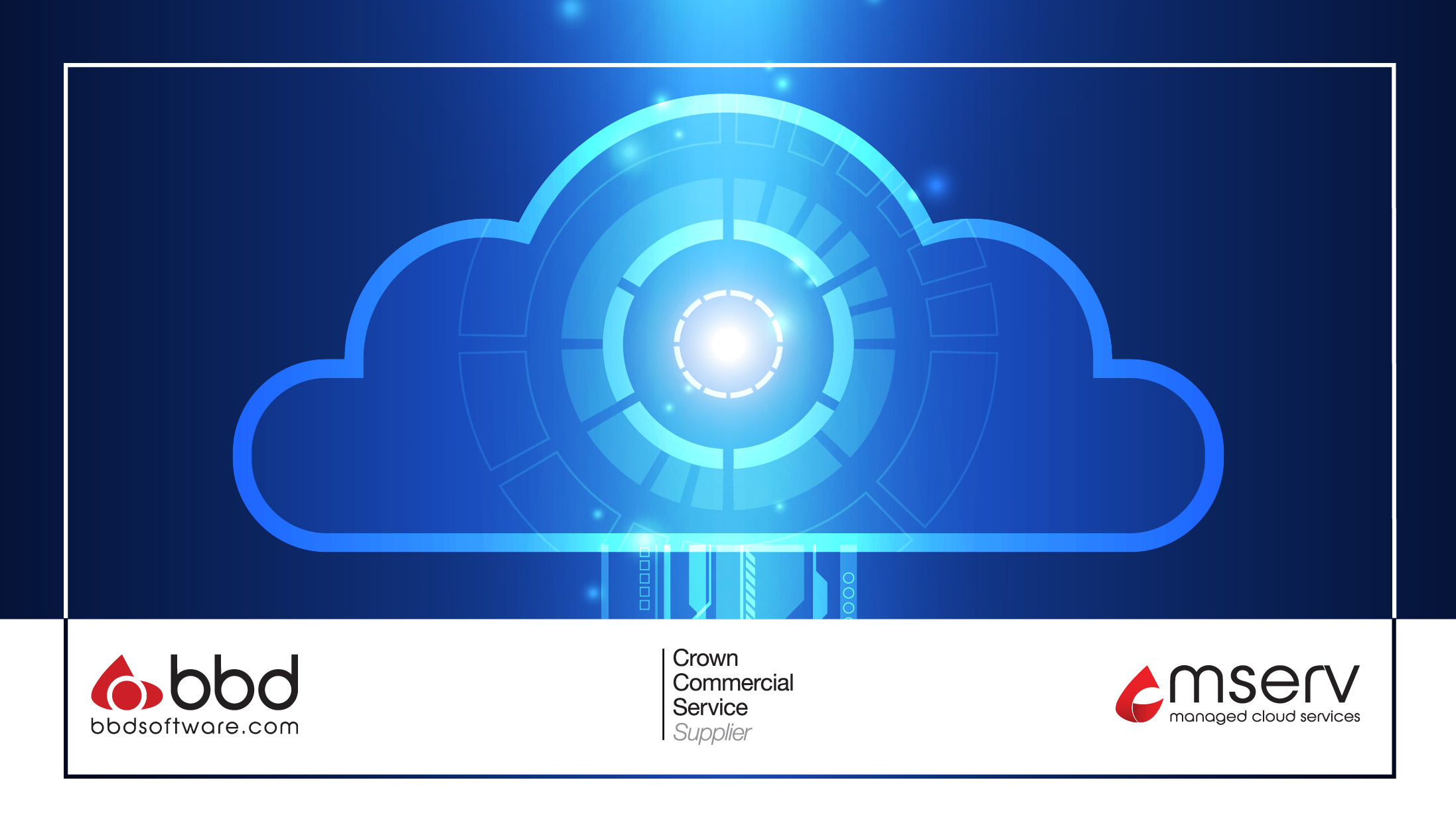 A glowing blue cloud icon with a digital, futuristic design on a dark blue background. Below are logos for "bbd" and "mserv" with text "Crown Commercial Service Supplier."