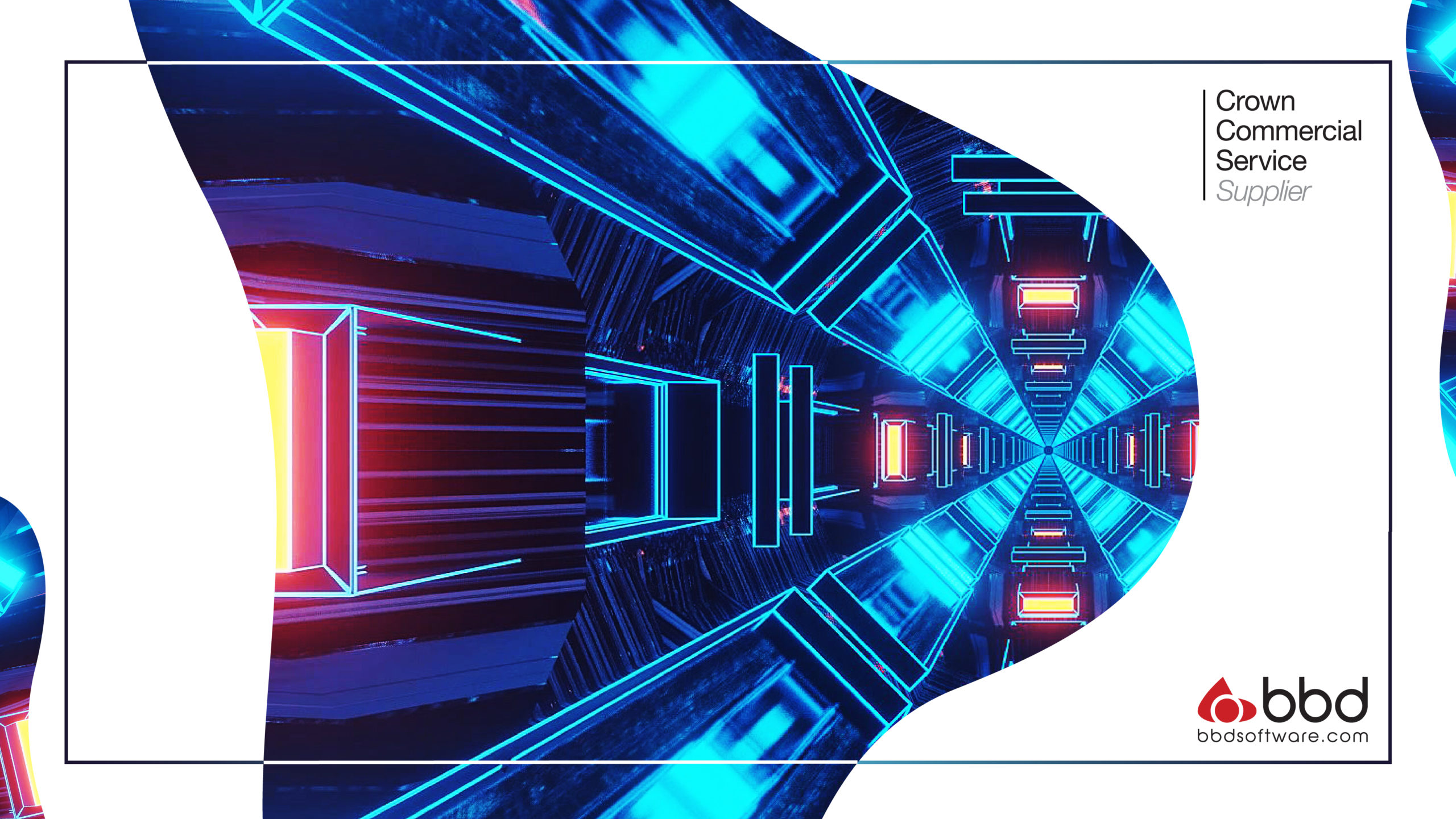 Futuristic digital tunnel with neon blue and red lights creates a symmetrical, glowing pattern. Branding text reads "Crown Commercial Service Supplier" and "bbd."