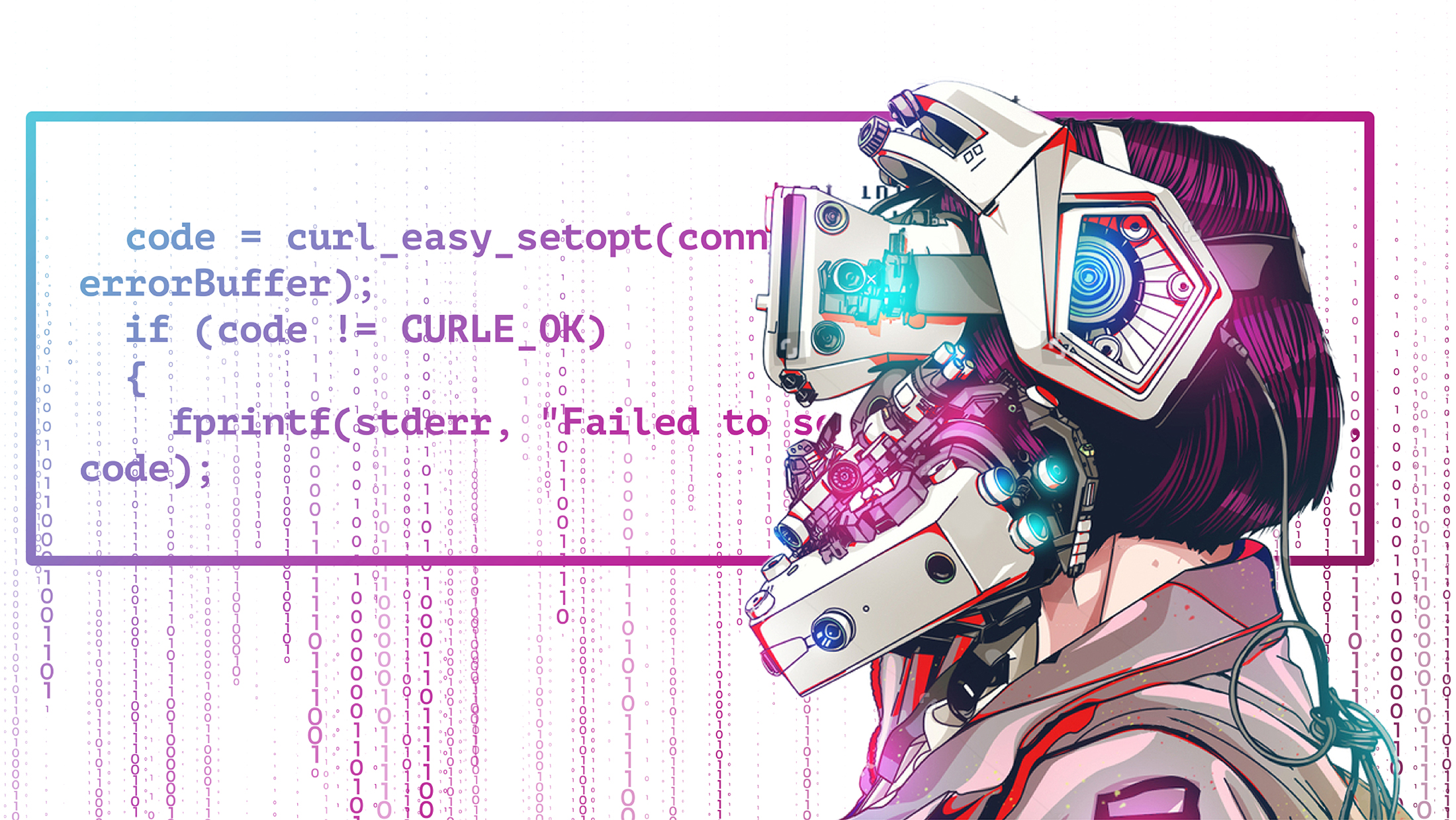 Futuristic cyborg with a geometric helmet faces right, overlaid with C++ code. Binary numbers flow downward on a white background, creating a techno ambiance.