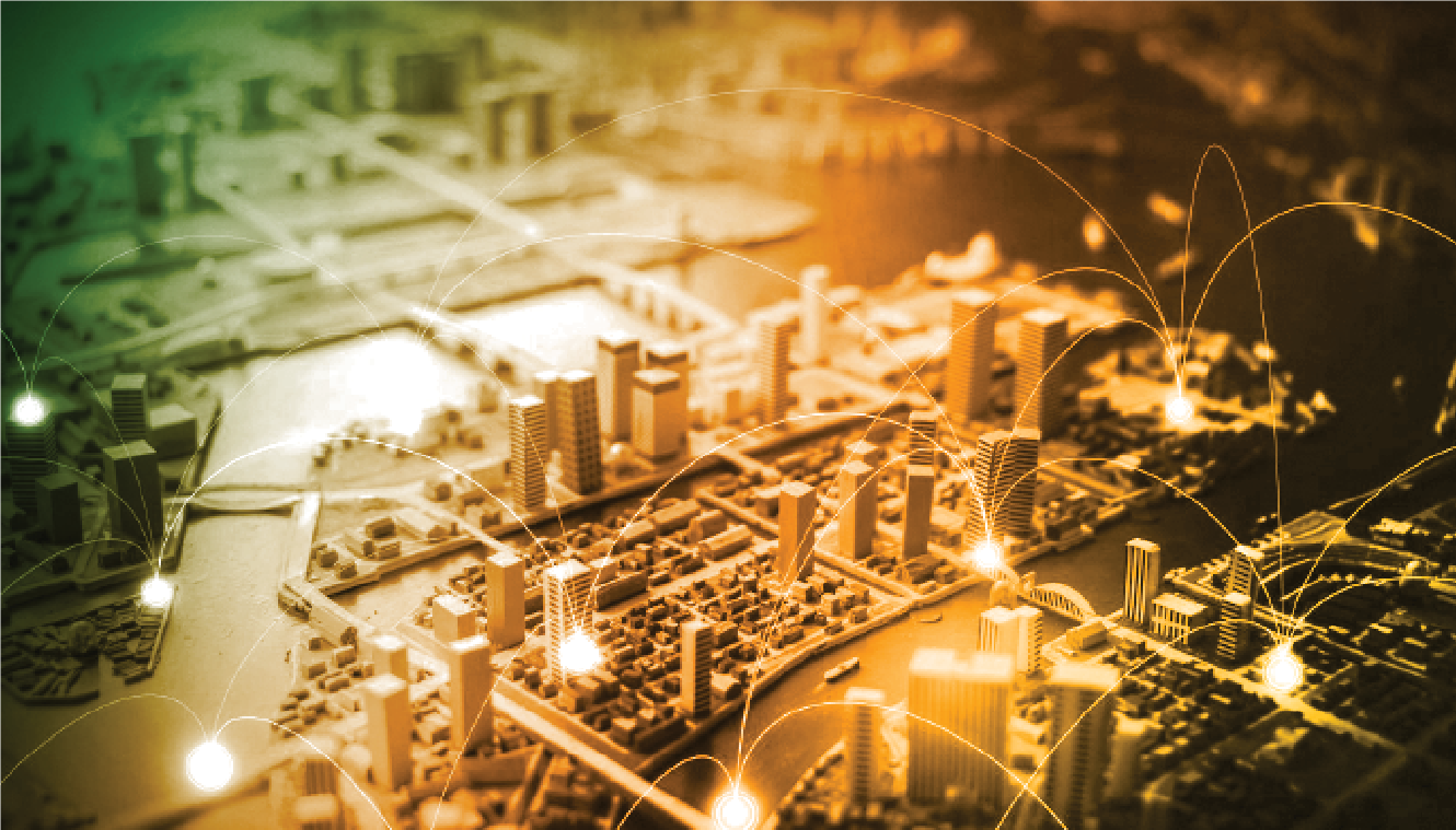 A stylized cityscape model with glowing nodes and lines illustrating connectivity. Buildings are bathed in green and orange light, conveying a futuristic feel.