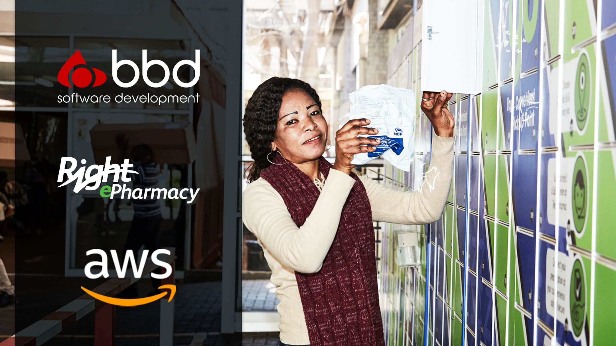 A woman retrieves a package from a green and purple locker in a modern setting. Logos for BBD Software, Right ePharmacy, and AWS are visible on the left.