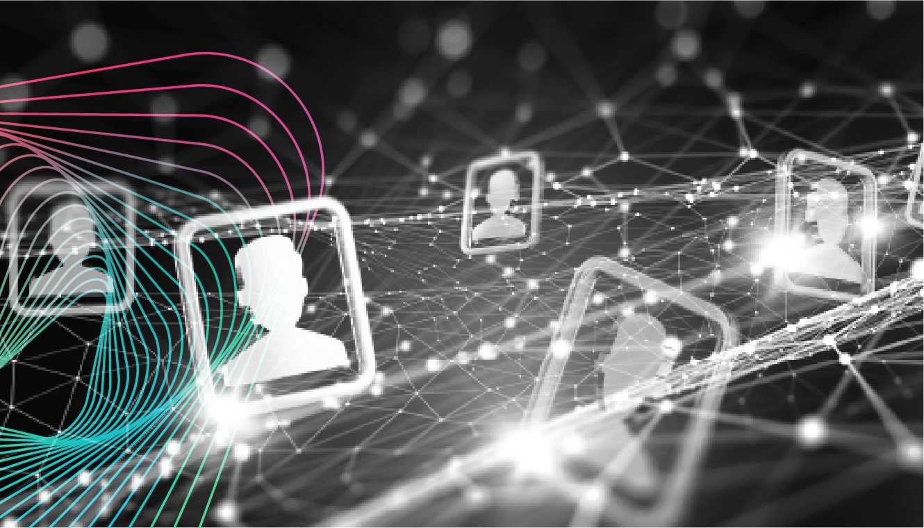 Abstract network concept image featuring silhouettes of people in frames connected by glowing lines on a dark background, suggesting digital connections.