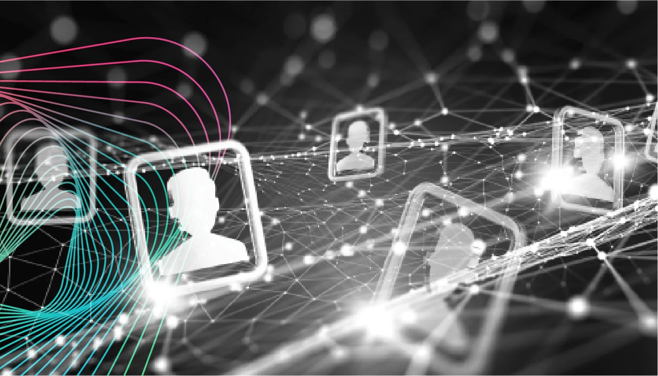 Abstract network concept image featuring silhouettes of people in frames connected by glowing lines on a dark background, suggesting digital connections.