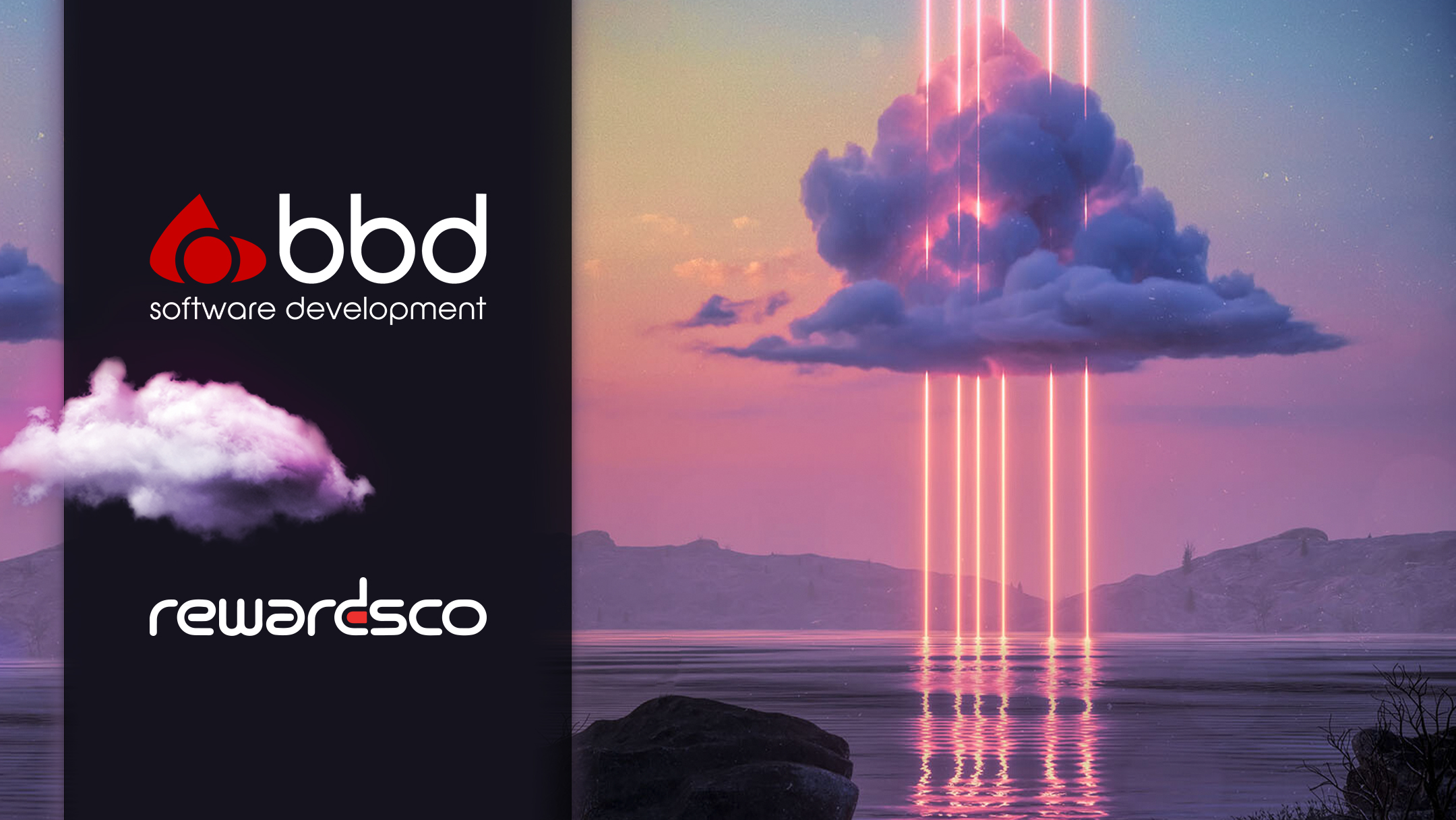 A surreal landscape with pink clouds and glowing beams above water. On the left, "bbd software development" and "rewardsco" logos are displayed.
