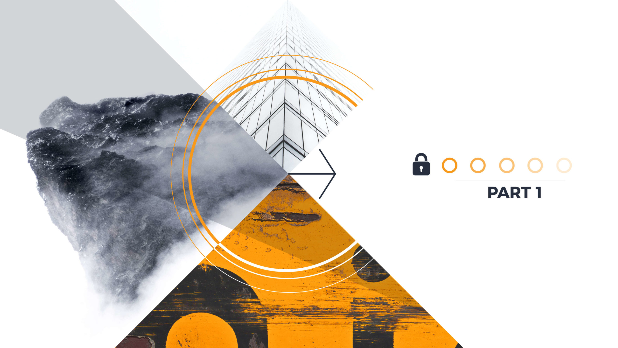 Abstract art with geometric shapes and textures. Features a misty mountain, architectural lines, and bold yellow text. Includes a lock icon and "Part 1."