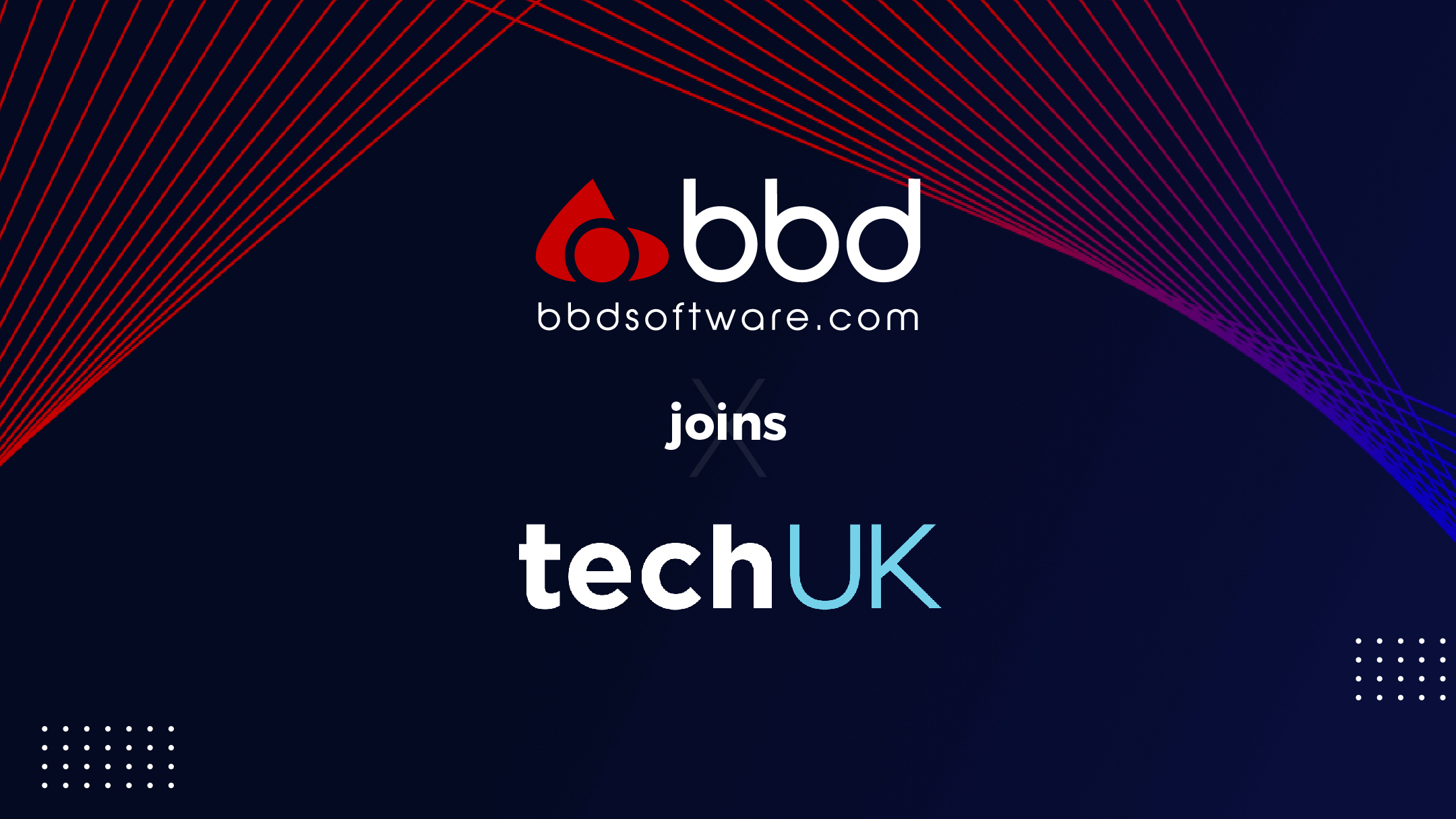 Graphic featuring BBD logo and text 'bbdsoftware.com' above 'joins techUK' on dark blue background with red and blue diagonal lines.