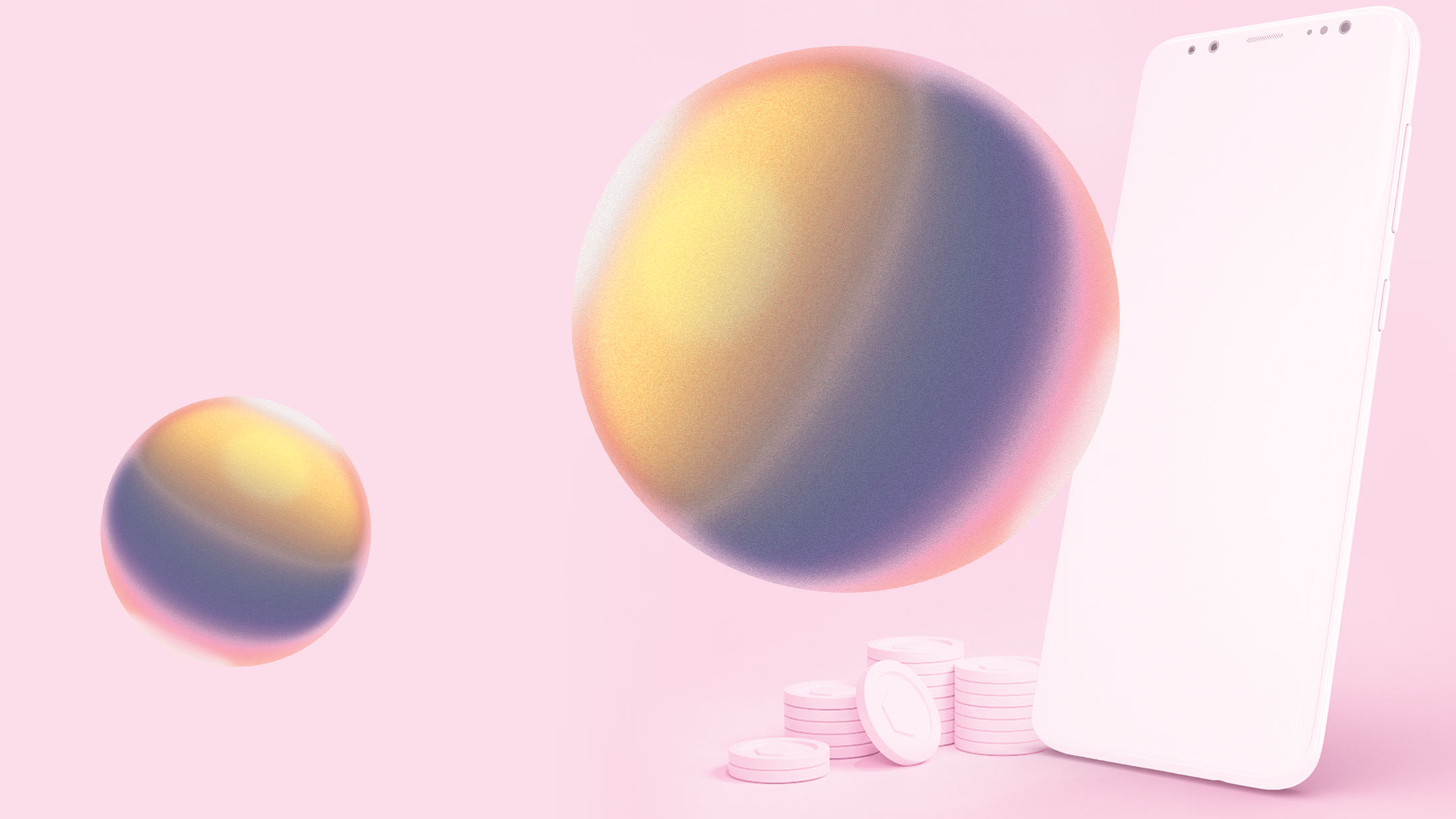 A white smartphone leans against stacked coins on a pastel pink background. Two colorful, gradient spheres float nearby, creating a modern, abstract feel.