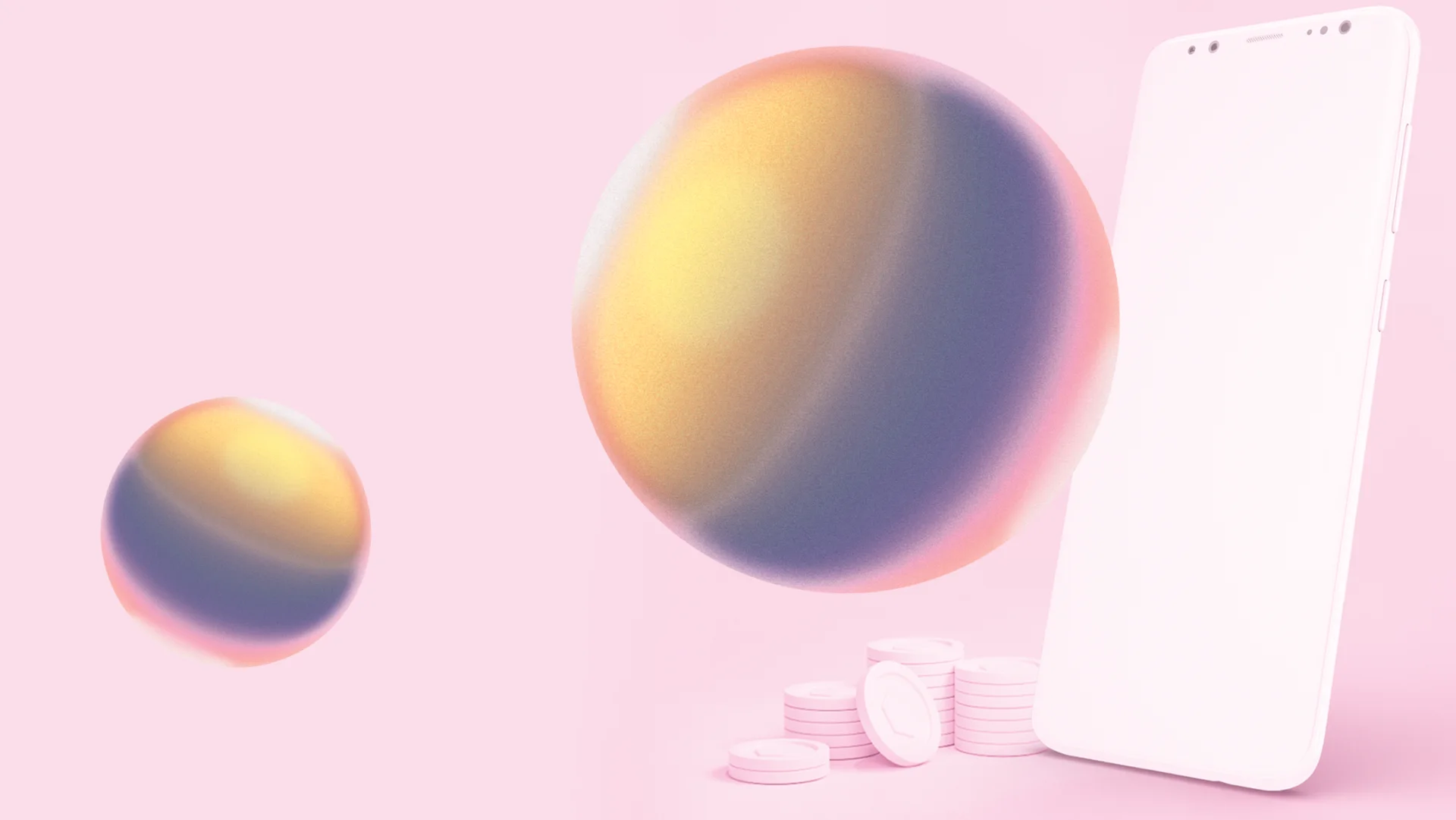 A white smartphone leans against stacked coins on a pastel pink background. Two colorful, gradient spheres float nearby, creating a modern, abstract feel.