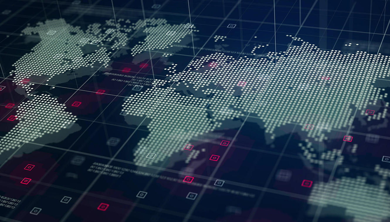 Digital map with dotted continents on a grid, highlighted with red squares, suggesting a focus on data, connectivity, and global technology.