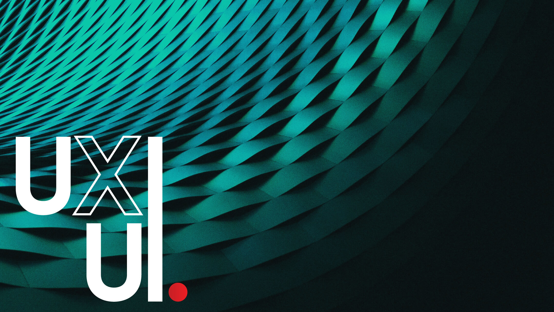 Abstract geometric design with teal diagonal shapes forming a tunnel effect. Overlaid text reads "UX UI" in bold white and red, conveying a modern, dynamic tone.