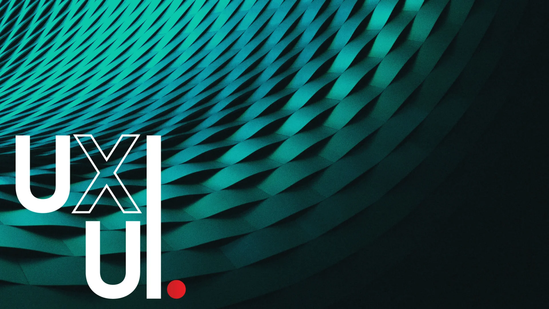 Abstract geometric design with teal diagonal shapes forming a tunnel effect. Overlaid text reads "UX UI" in bold white and red, conveying a modern, dynamic tone.