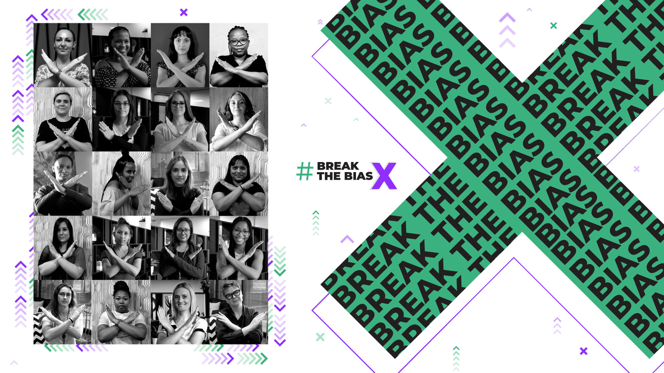 Black and white collage of diverse individuals making 'X' arms. Right text reads "#BreakTheBias" with a large green 'X' pattern in bold font.