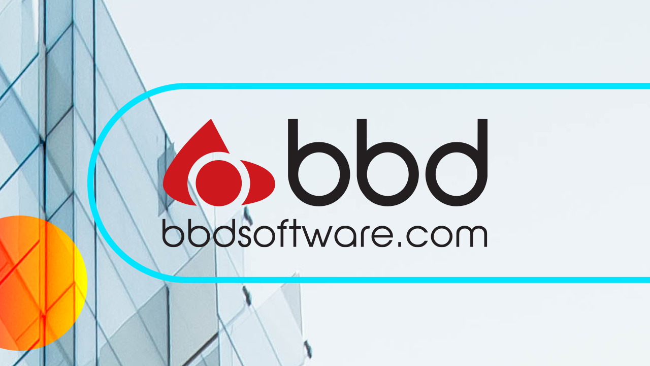BBD logo with bold red design and text 'bbdsoftware.com' on a light background. Modern glass building and orange gradient circle in the backdrop.