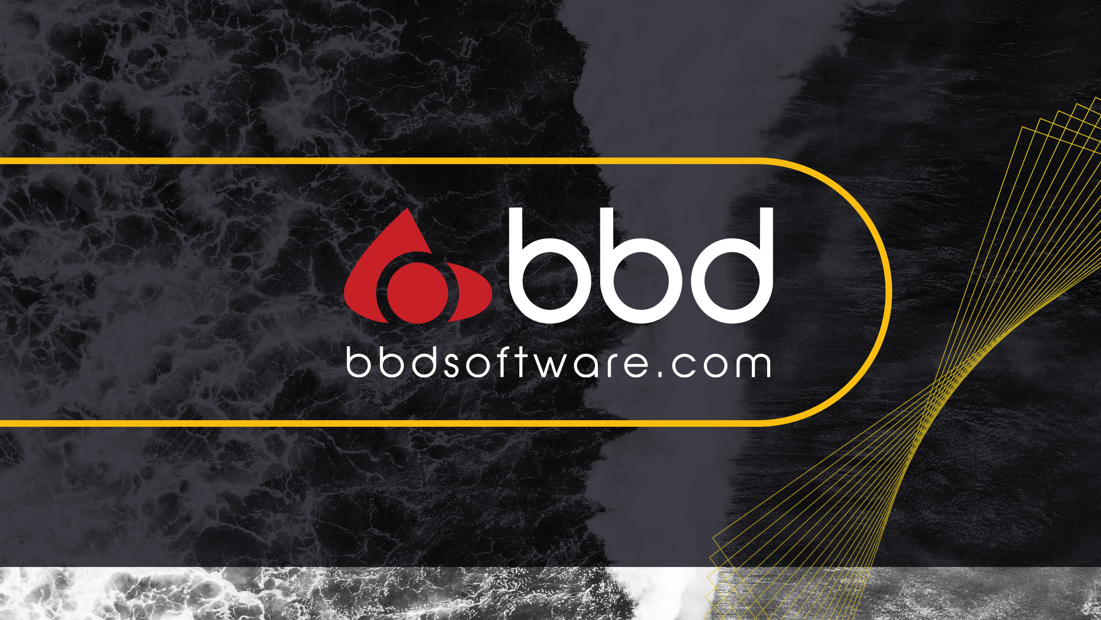 Alt text: "BBD logo with red and white design on a dark ocean background. Yellow lines create dynamic accents. Text reads 'bbdsoftware.com.'"