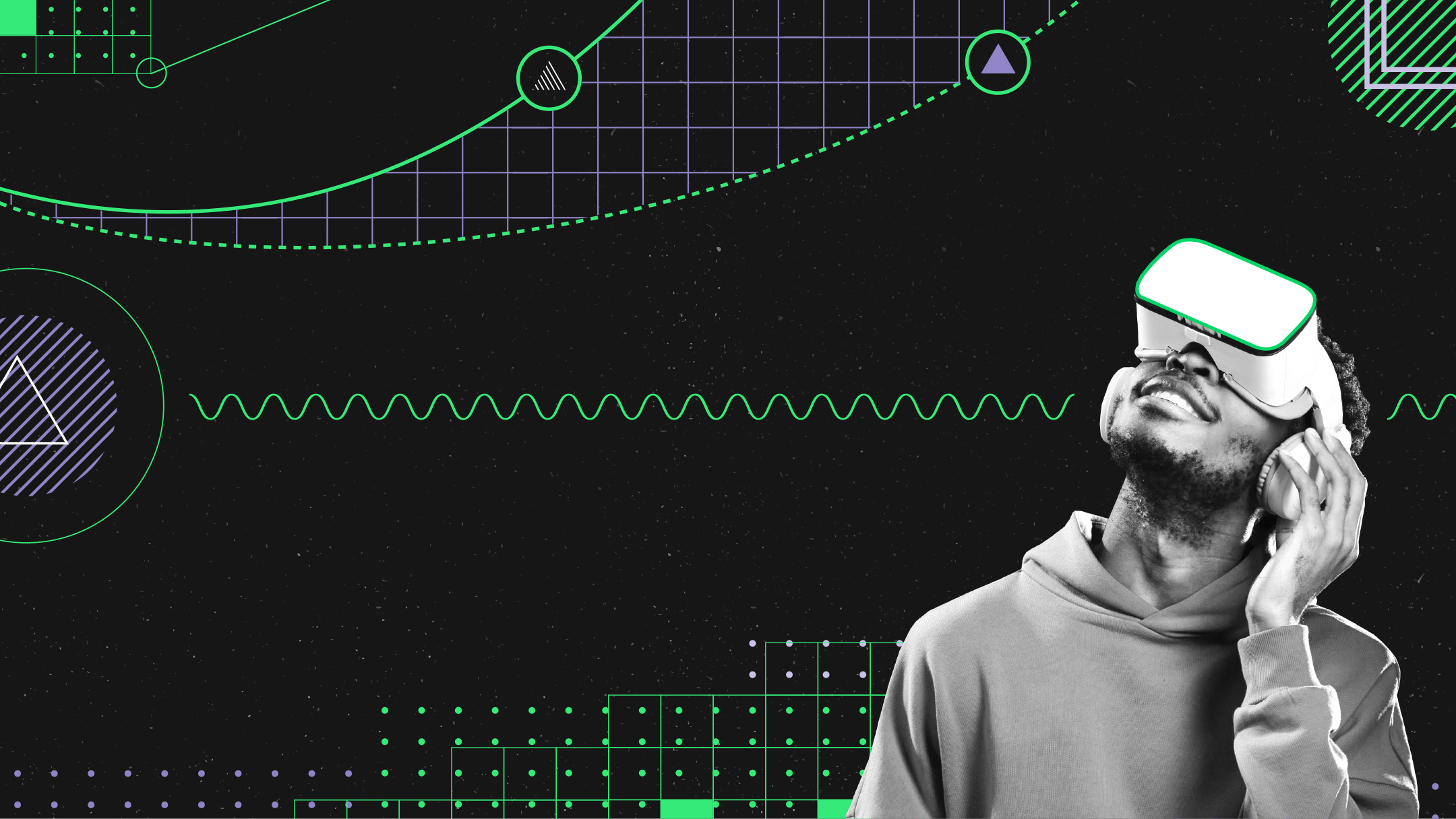 A man wearing a VR headset looks up, immersed in a digital experience. The background features abstract green and white geometric patterns, symbolizing technology.