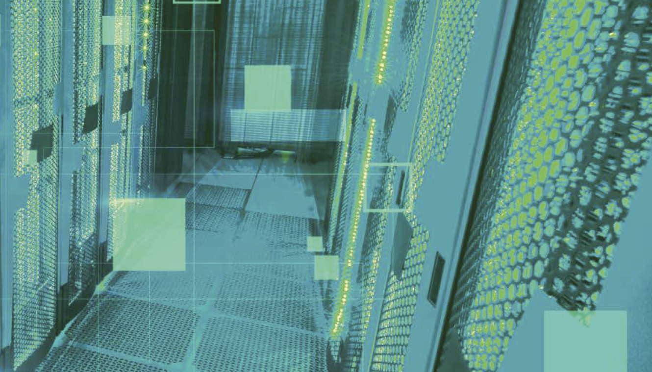 A futuristic server room with glowing green lights and data panels. The atmosphere is tech-centric with a cool blue-green color scheme.