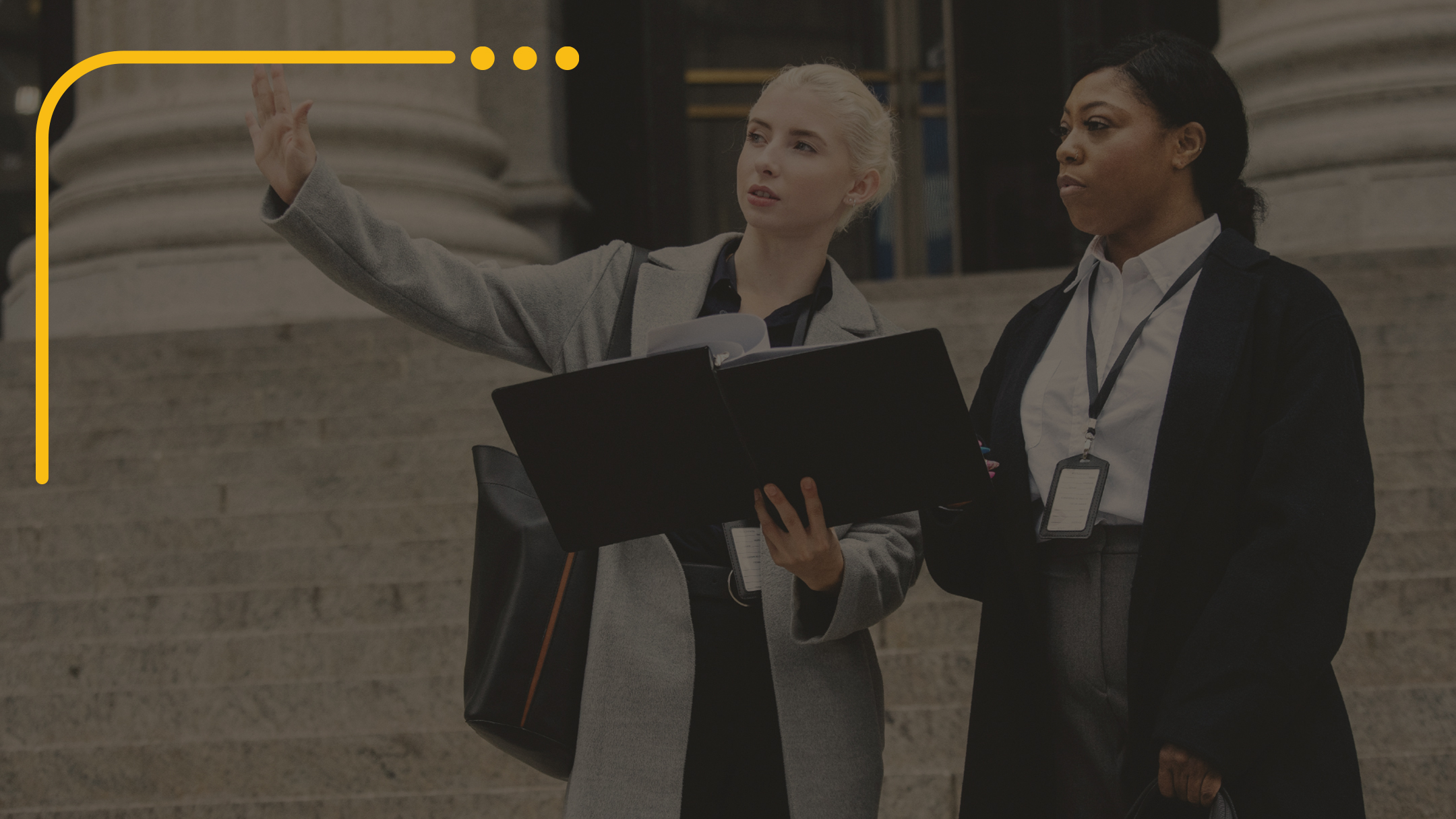 Two professionals stand on courthouse steps; one gestures, holding a folder, conveying a focused, collaborative atmosphere. Background features columns.