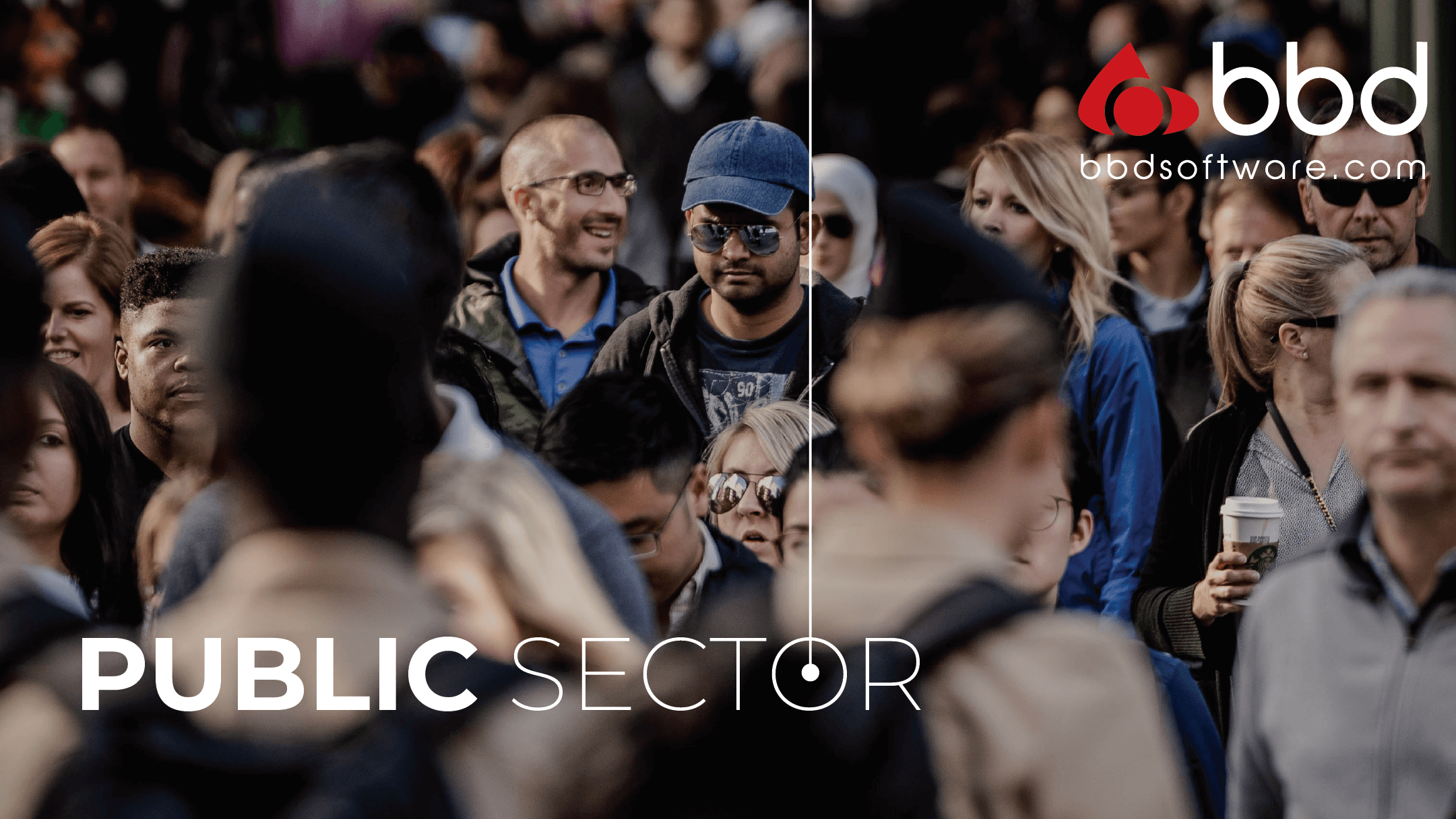 A diverse crowd of people walking outdoors, with some individuals wearing sunglasses and hats. The text "Public Sector" and "bbdsoftware.com" is overlaid.