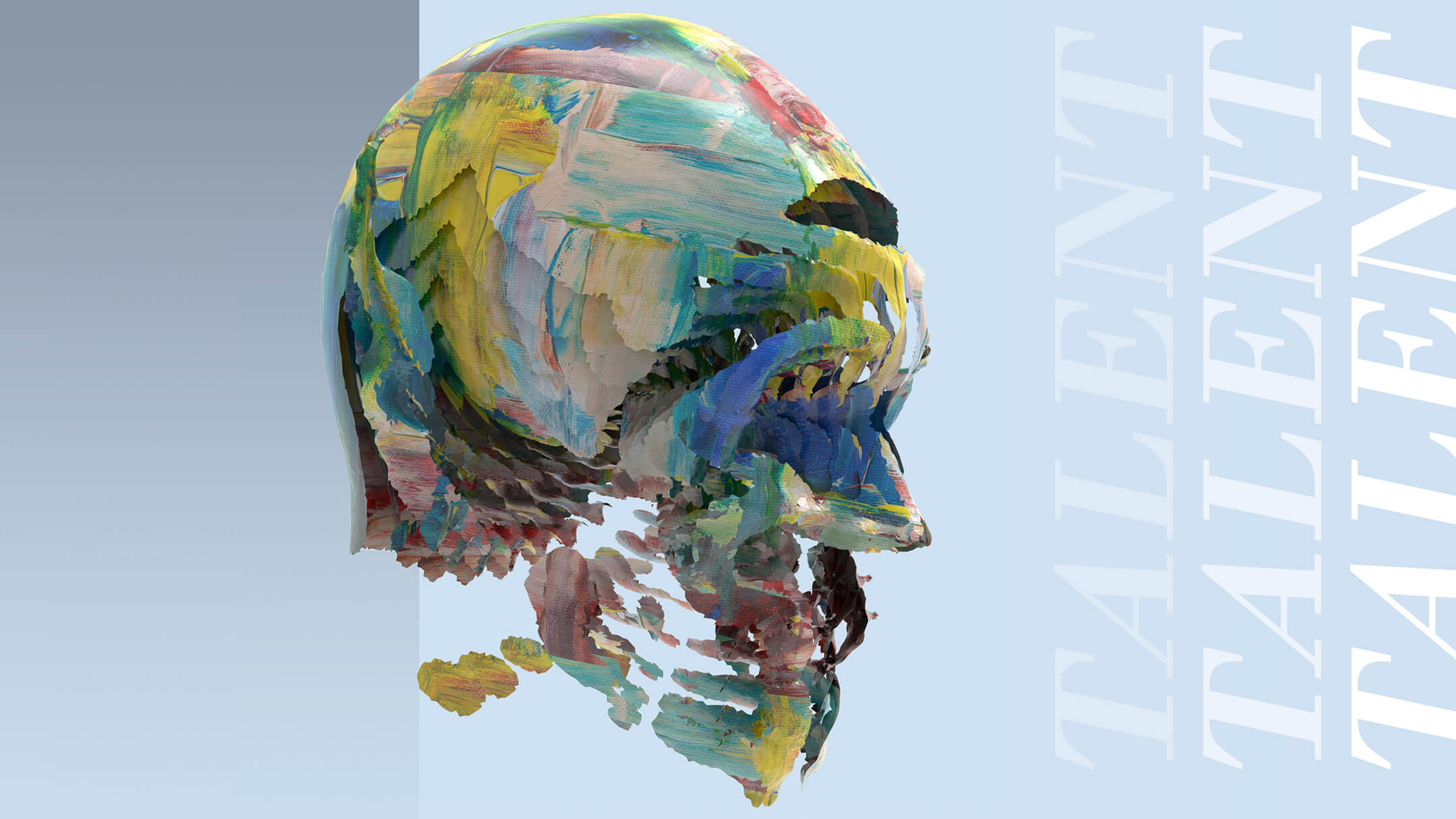 Abstract multicolored skull with layered brushstrokes against a gradient blue background; the word "TALENT" is repeated vertically on the right. Playful, creative tone.