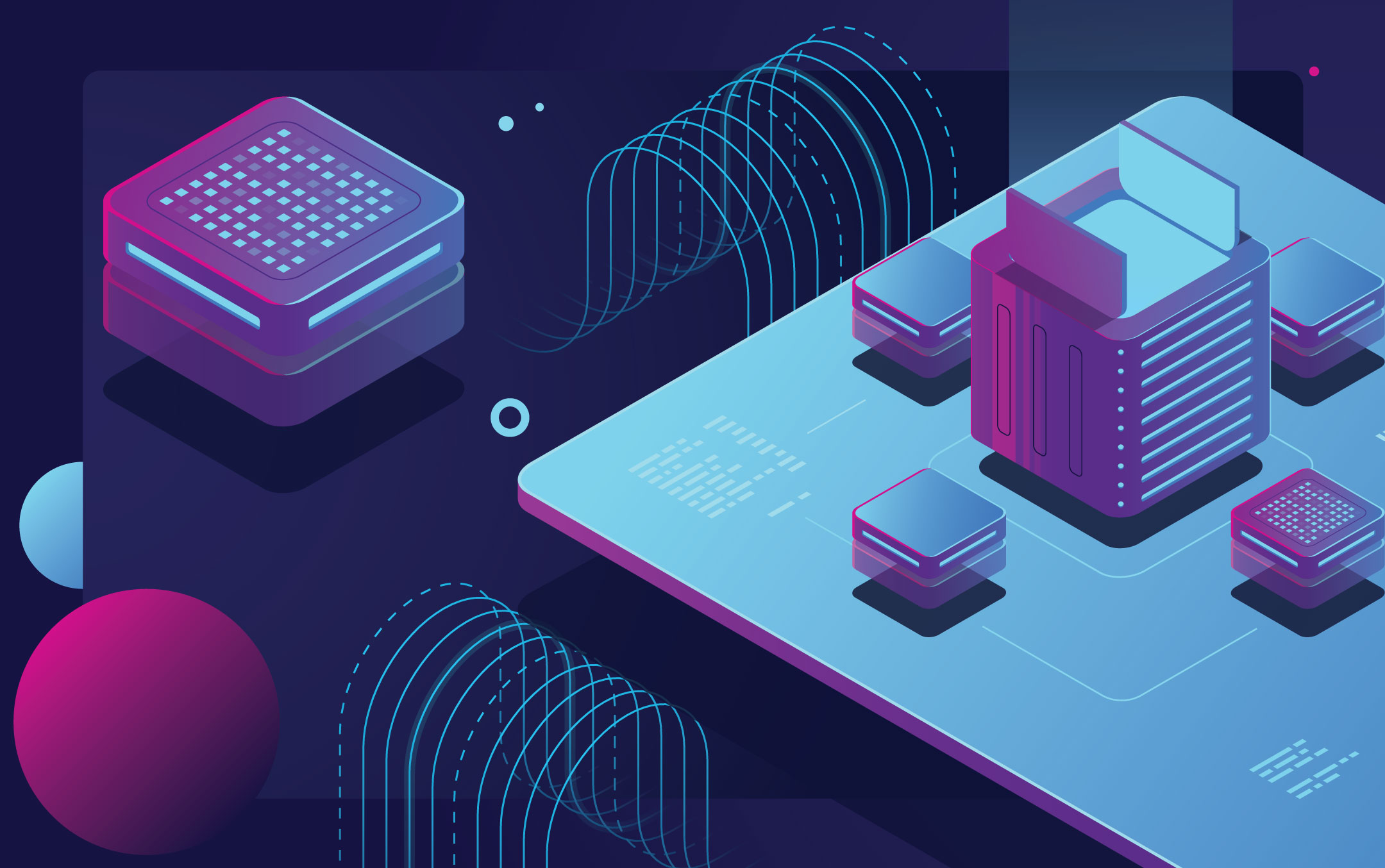 Futuristic digital artwork featuring vibrant pink and blue 3D microchips and server blocks on a circuit board with curved lines, conveying innovation.