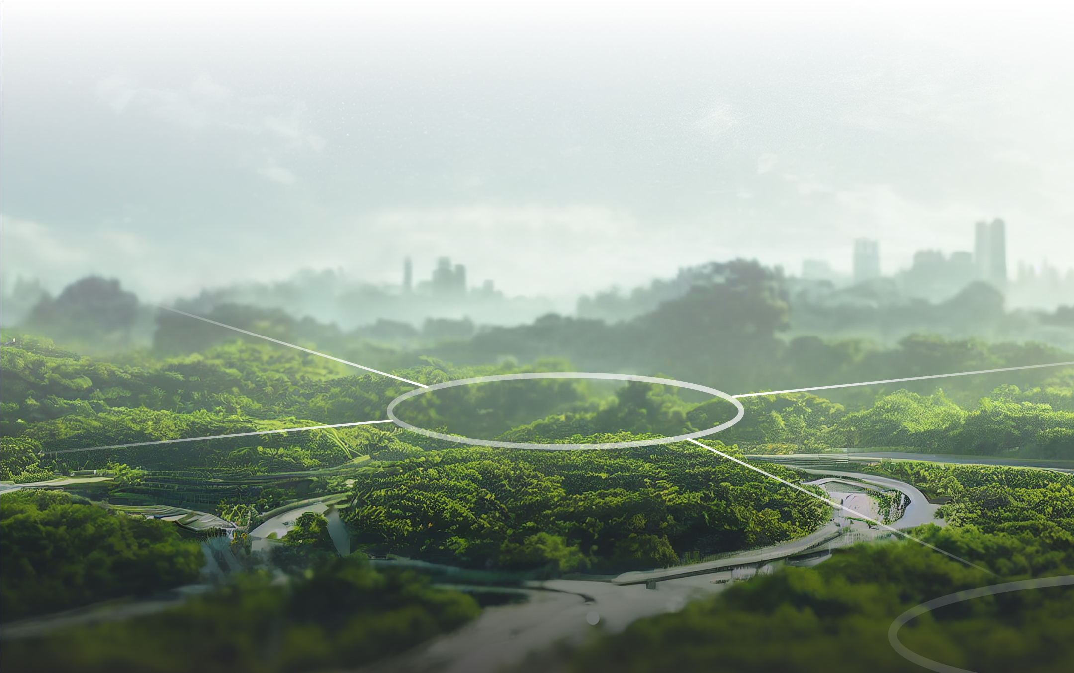 Dreamlike landscape featuring lush, circular gardens connected by paths, surrounded by misty forests. A distant city skyline emerges in the background.