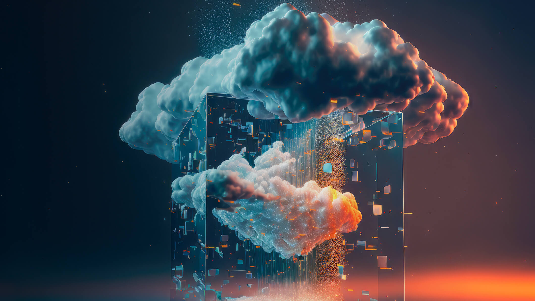 A cloud floats inside and partly outside a transparent cube amidst a dark, digital landscape. The image conveys a futuristic and surreal atmosphere.