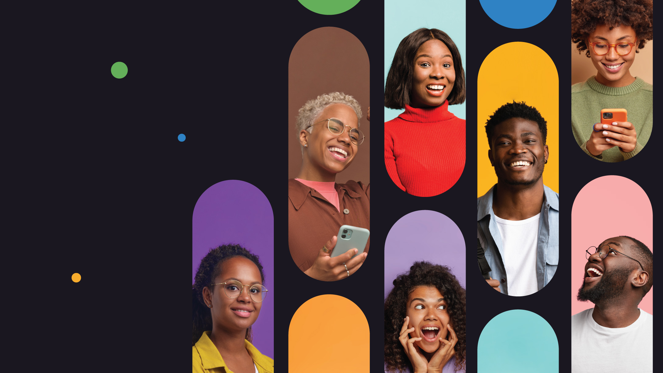 A diverse group of smiling people in colorful, vertical, rounded rectangles on a black background. Each person expresses joy, holding phones or looking amazed.