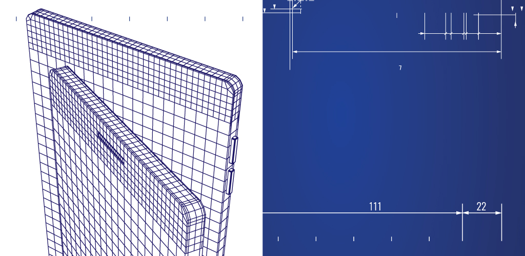 Blueprint-style design showing two overlapping grid-outlined smartphones on the left. On the right, a deep blue background with technical measurements.