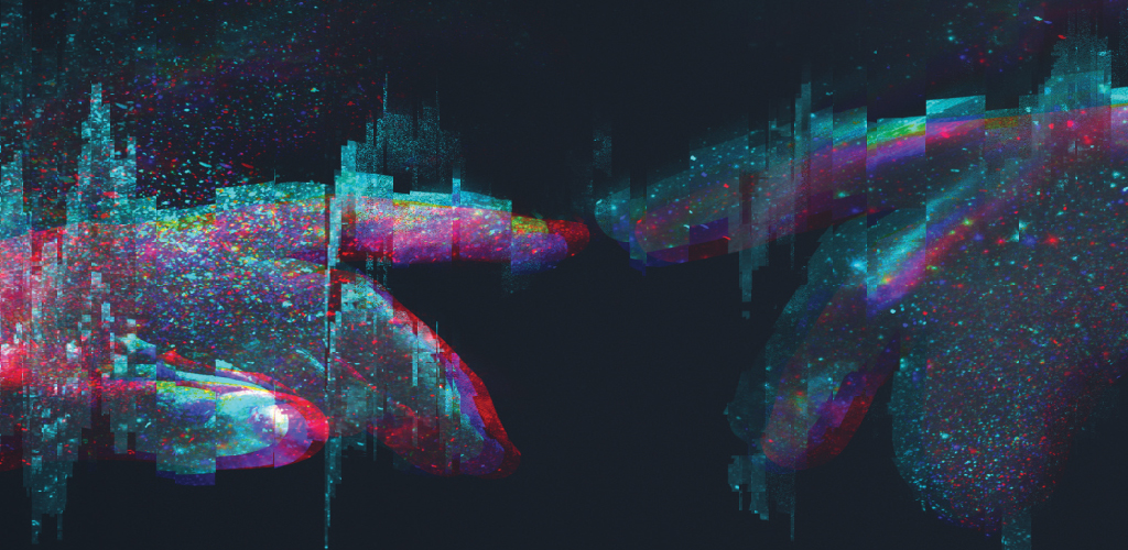Two abstract hands reach toward each other, formed by colorful digital pixels against a dark background. The glowing effect suggests connection and technology.