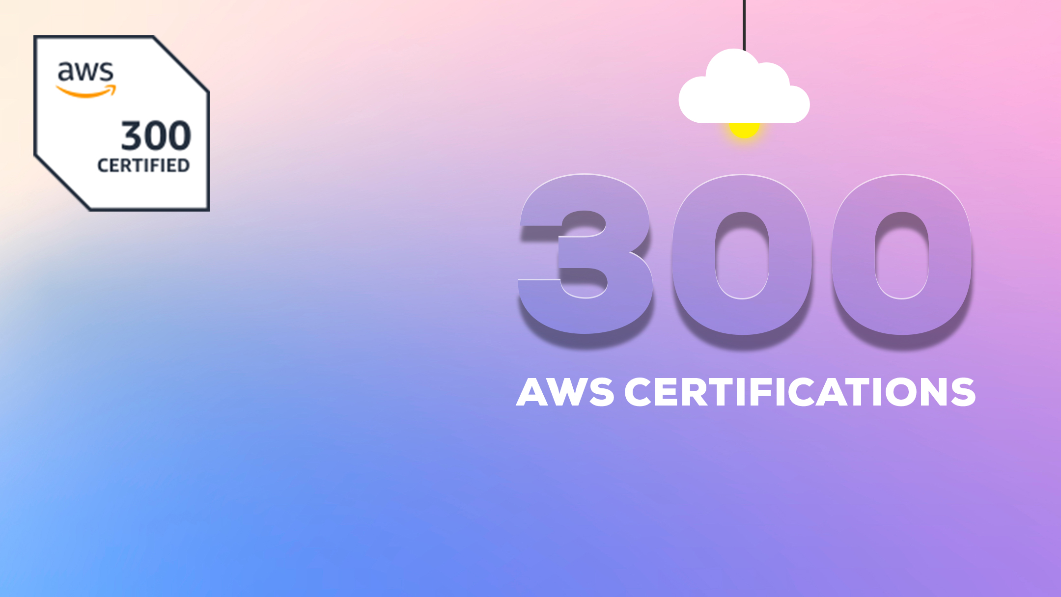 Gradient background of pink and blue with bold text "300 AWS Certifications." An AWS Certified badge is on the left, with a cloud icon above.