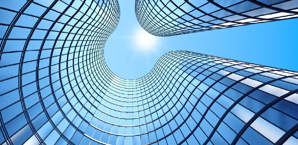 A blue-tinted skyscraper curves inward, creating an abstract, wave-like shape against a bright blue sky. The sun shines at the center, emitting a calm, futuristic vibe.