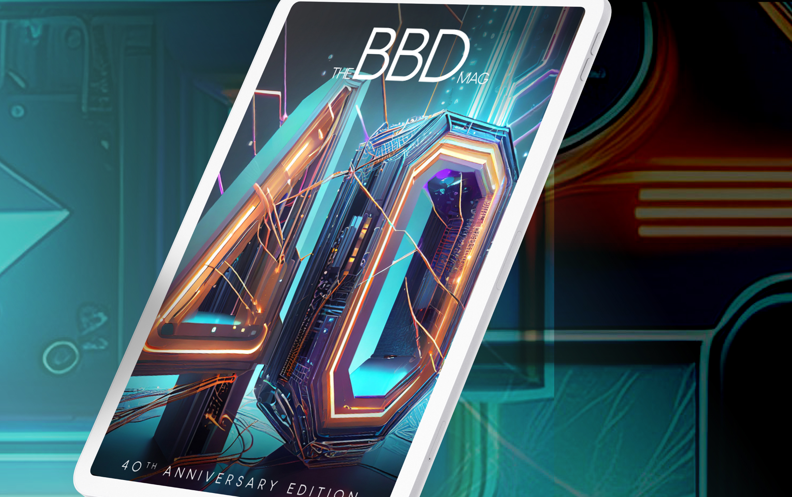 Magazine cover showcasing a futuristic '40' with glowing neon lights and intricate circuitry.