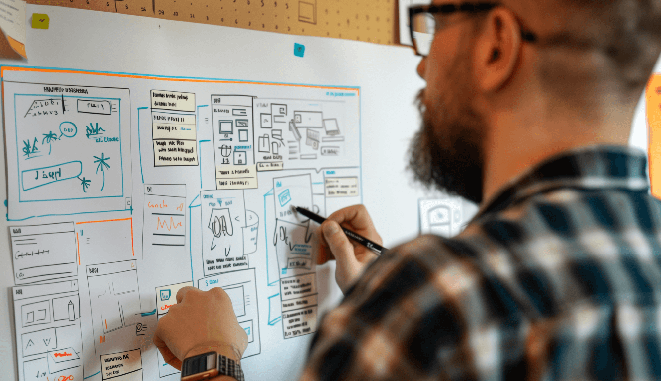 A man in a plaid shirt sketches website wireframes on a whiteboard, indicating a focused and creative atmosphere, with various notes and diagrams visible.