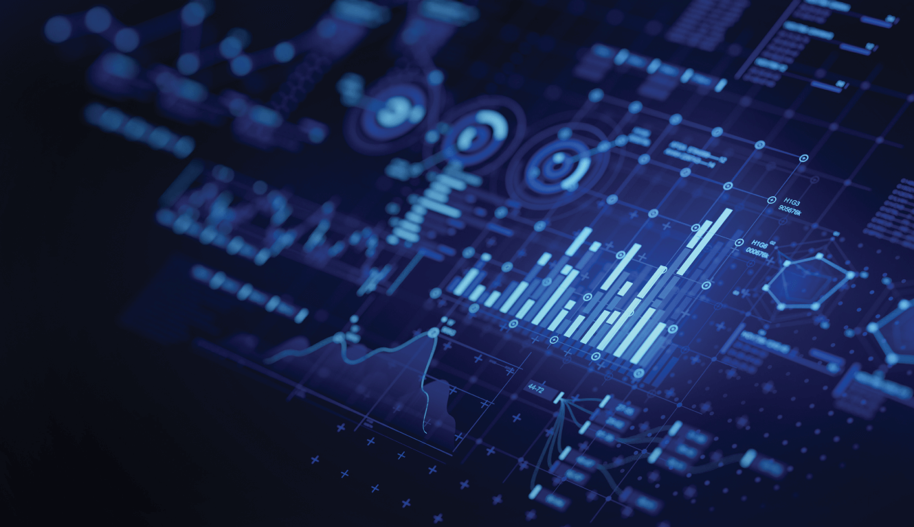 Digital dashboard with glowing blue graphs, charts, and data visualizations on a dark background, conveying a futuristic and analytical tone.