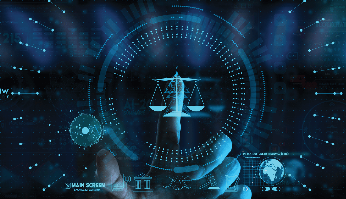 Futuristic blue-toned image of a digital interface with scales of justice at the center, surrounded by data symbols. A finger interacts with the screen.