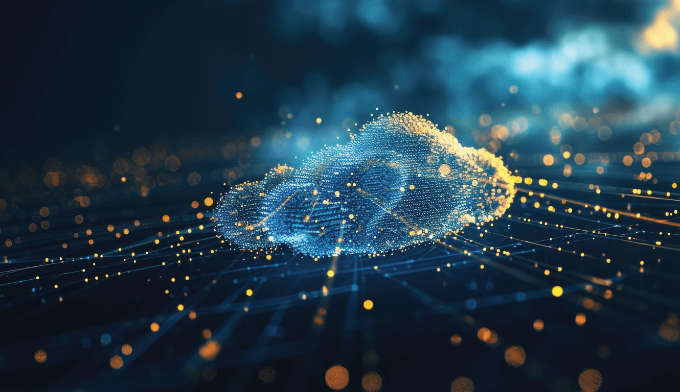 Digital cloud composed of glowing blue and orange particles against a dark background. It suggests technology and connectivity, with a dynamic, futuristic tone.