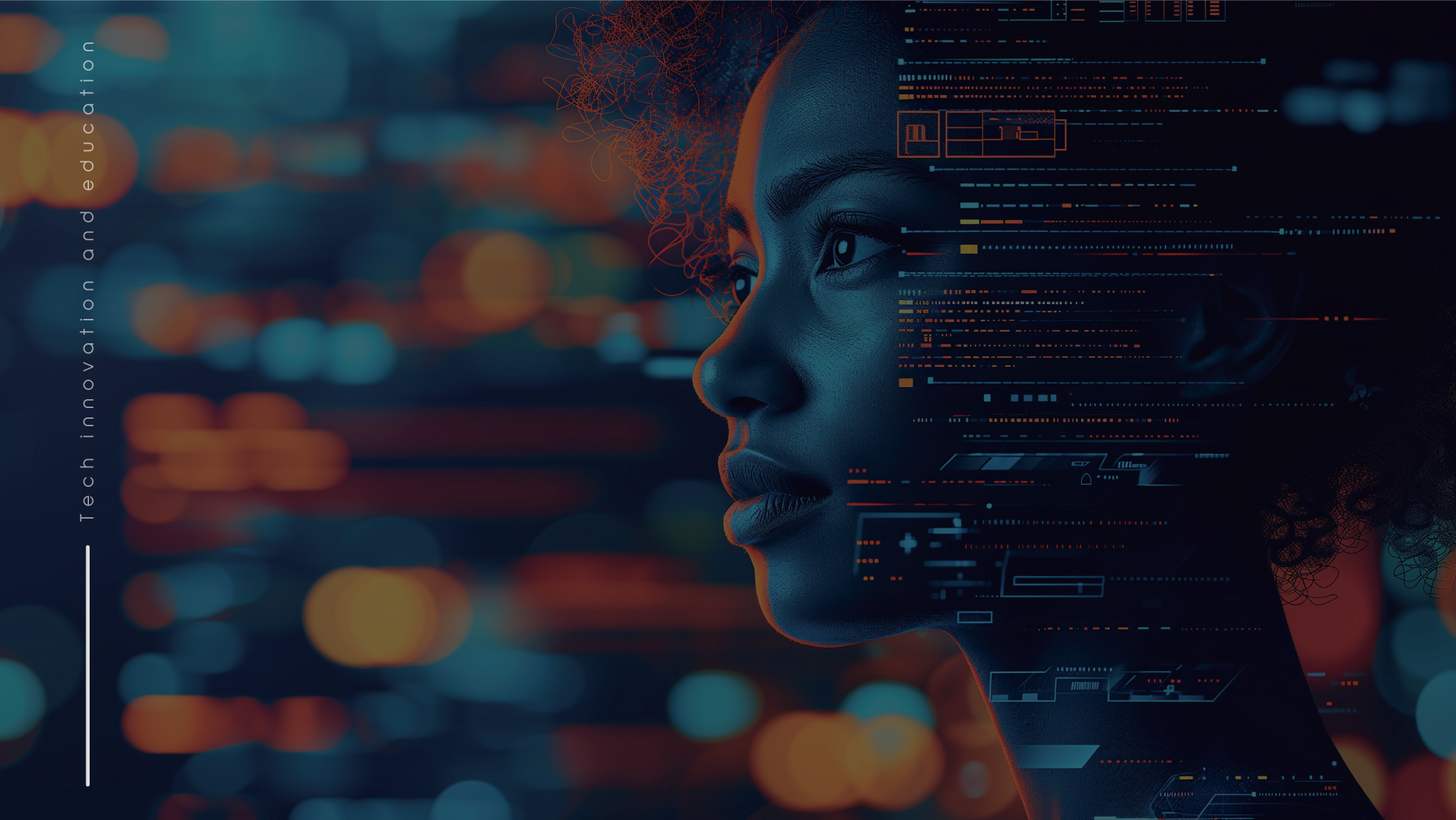 A woman's profile is overlaid with digital graphics, set against a blurred backdrop of orange and blue lights, conveying a tech-forward, futuristic vibe.