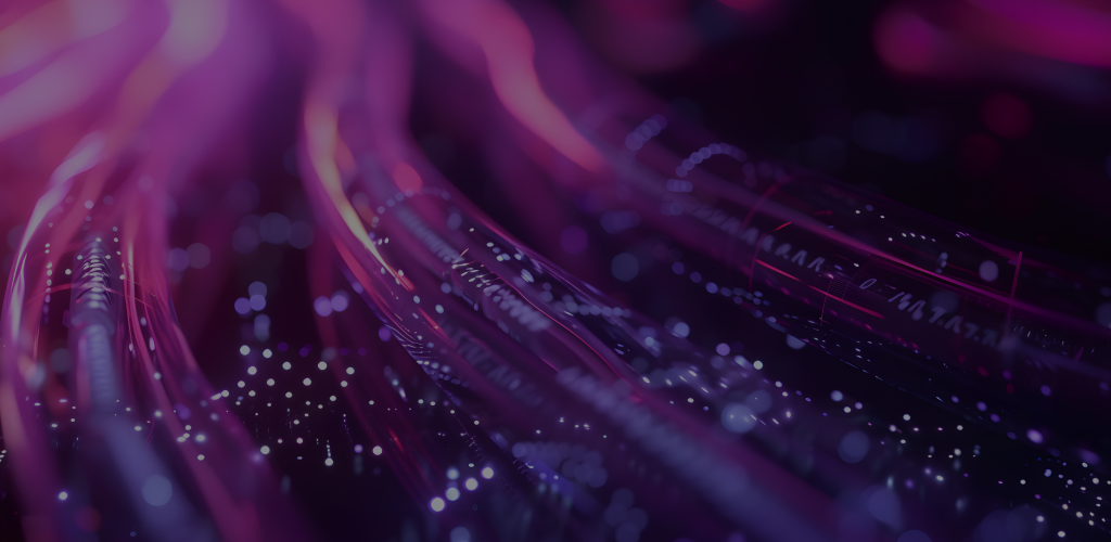 Abstract digital art featuring glowing purple and pink strands intertwined with scattered white light particles, creating a futuristic, energetic feel.