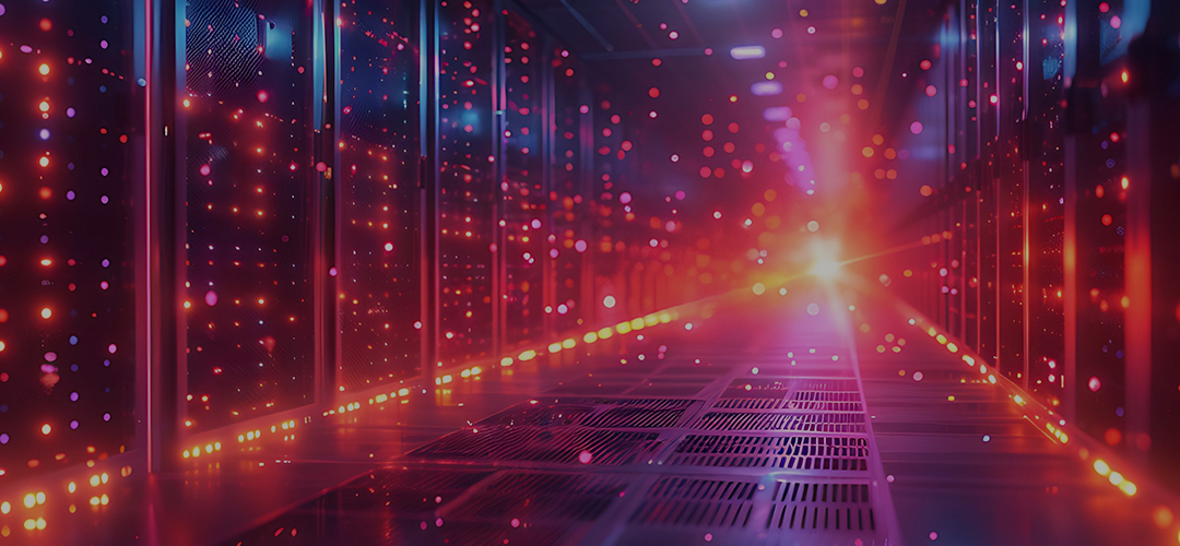 A futuristic server room with glowing red and purple LED lights. The corridor's bright light at the end creates an ethereal and high-tech ambiance.